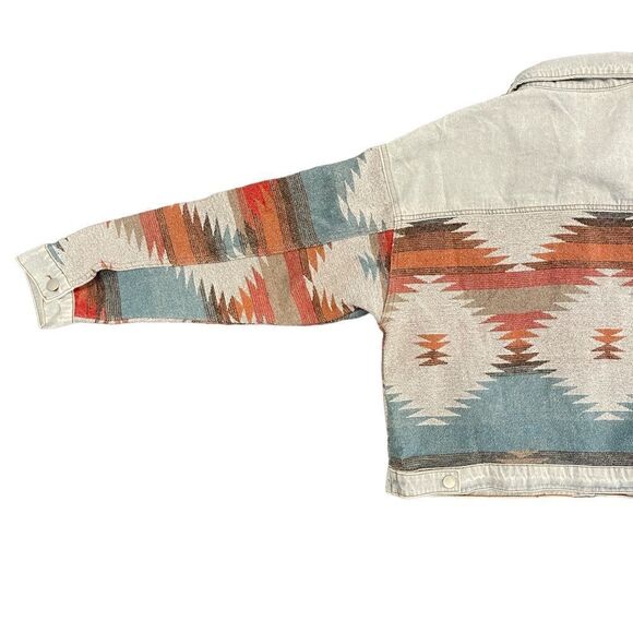 Denim Aztec Jacket Southwestern Light Blue Denim Jacket Crop Coat Women's M NEW - Picture 6 of 12